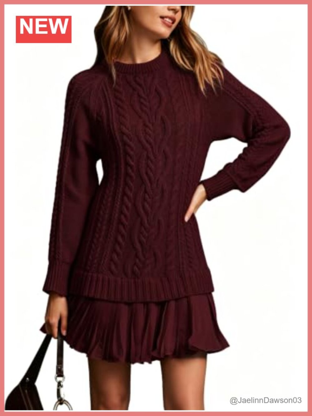 Bluetime Cable Knit Pleated Mini Sweater Dress Long Sleeve A-Line